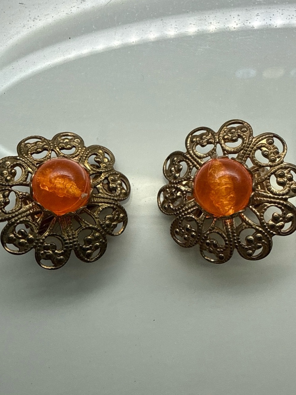 Vintage-Inspired Orange Glass Flower Clip-On Earrings